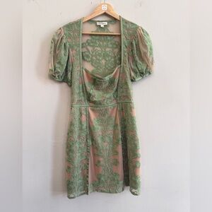 For Love And Lemons Green Floral Lace Mini Dress - -Temecula Puff Sleeve